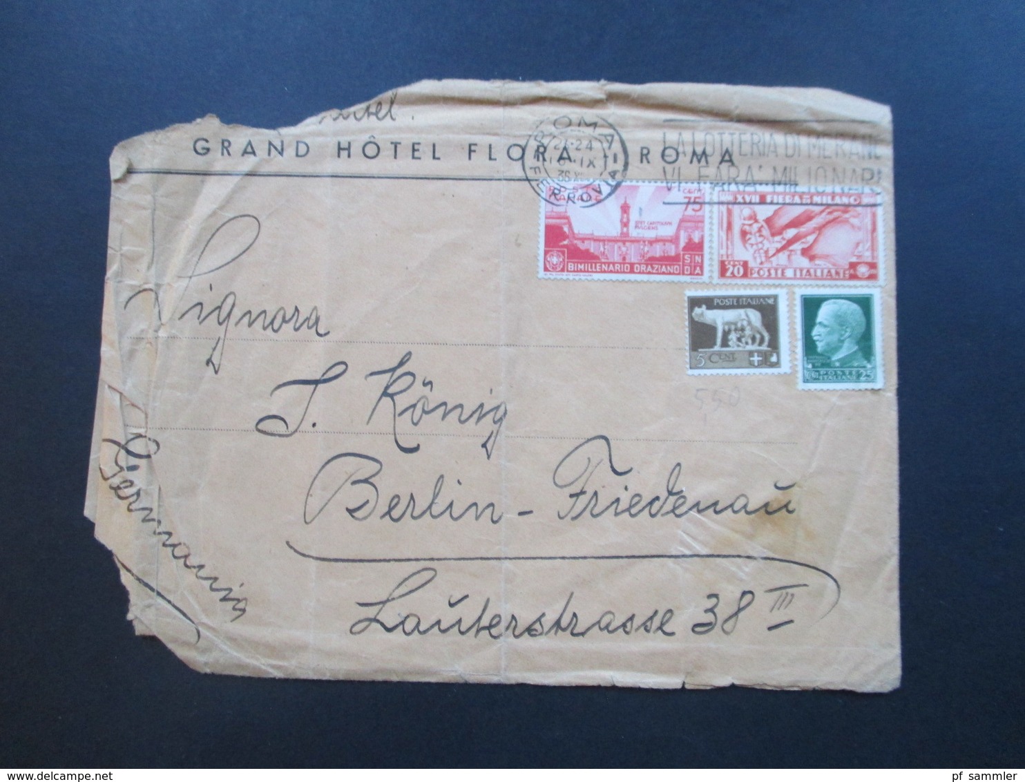 Italien 1936 Hotelpost / Umschlag Grand Hotel Flora Roma / Rom Nach Berlin Friedenau - Insured