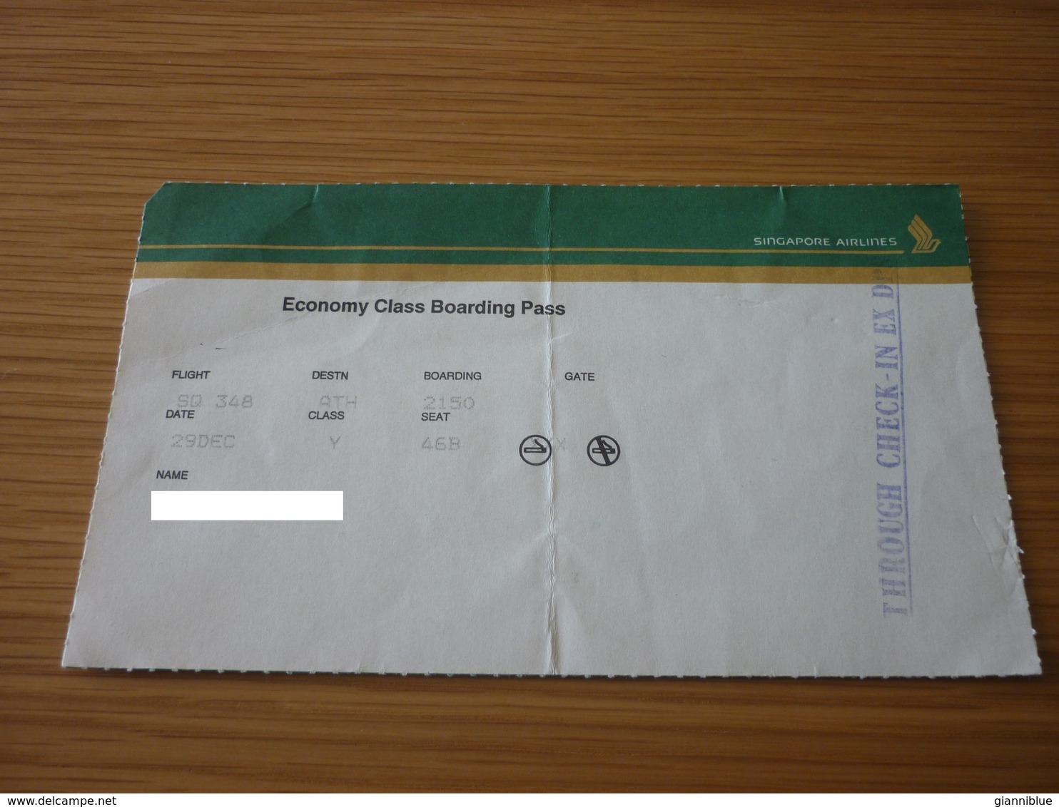 Singapore Airlines Old Boarding Pass (Athens-Singapore) Economy Class (avion/plane/airplane) - Carte D'imbarco