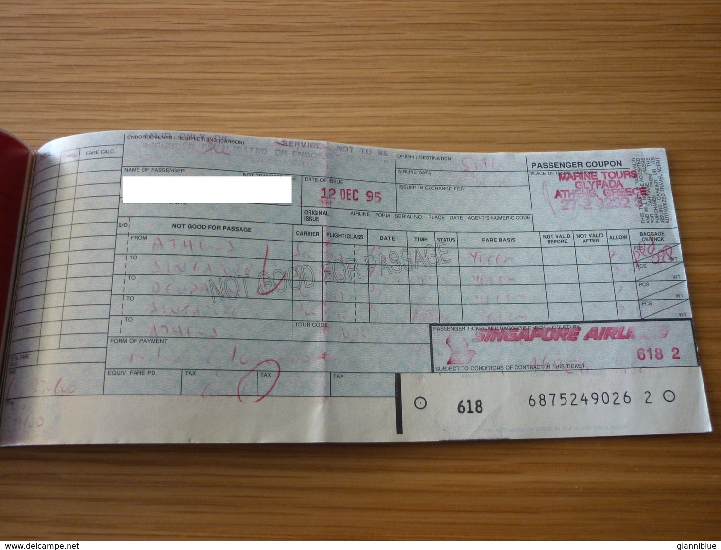 Greece Greek Athens-Singapore Singapore Airlines Old '90s Passenger Ticket And Baggage Check - Billetes