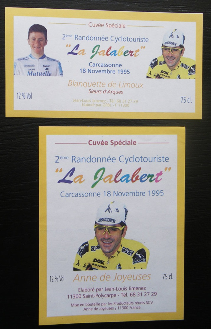 2 ETIQUETTES  CYCLISME 2ème  RANDONNEE CYCLO LA JALABERT CARCASSONNE 1995 ANNE DE JOYEUSES ST POLYCARPE - Cyclisme