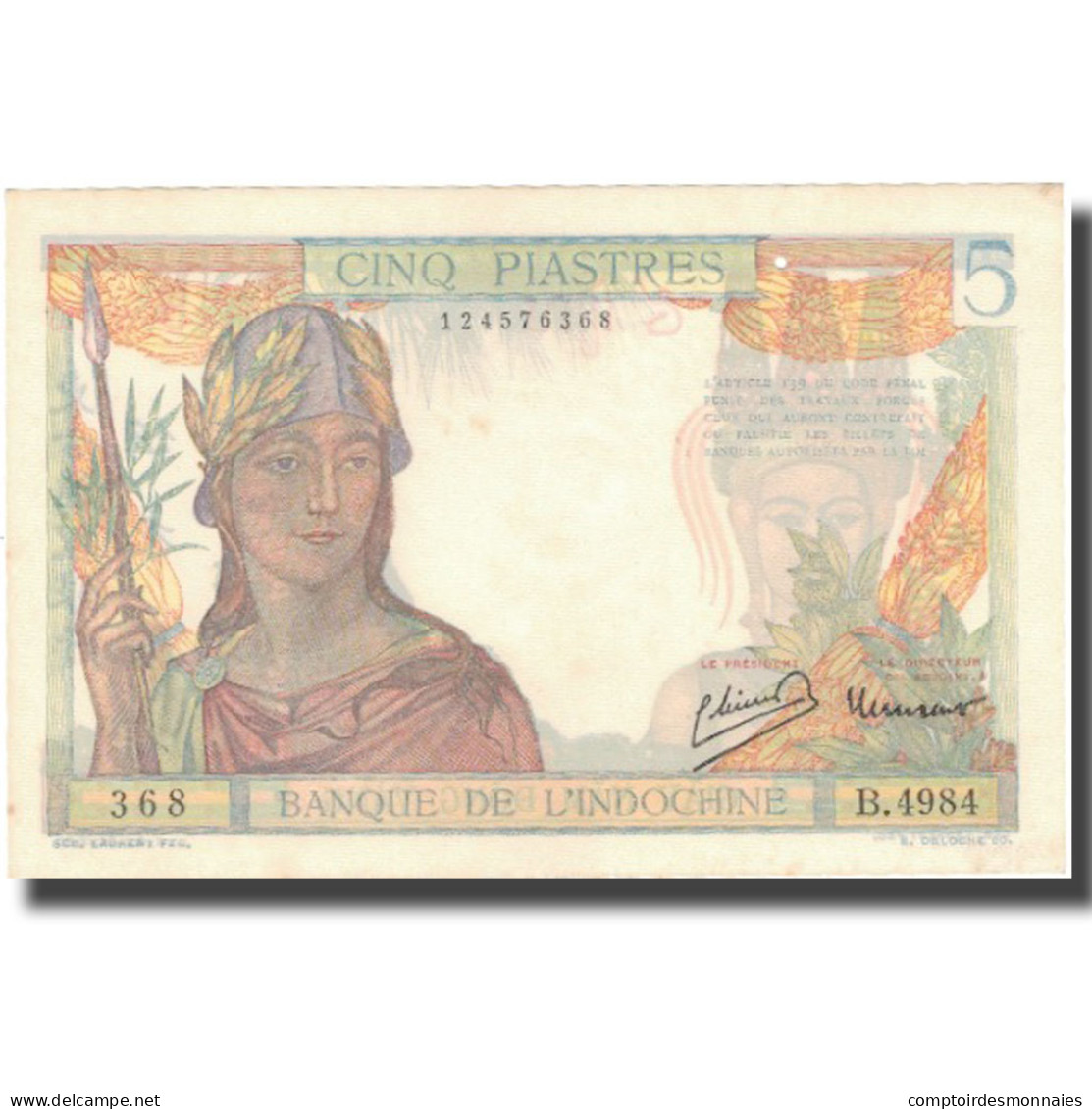 Billet, FRENCH INDO-CHINA, 5 Piastres, Undated (1946), KM:55d, SPL - Indocina