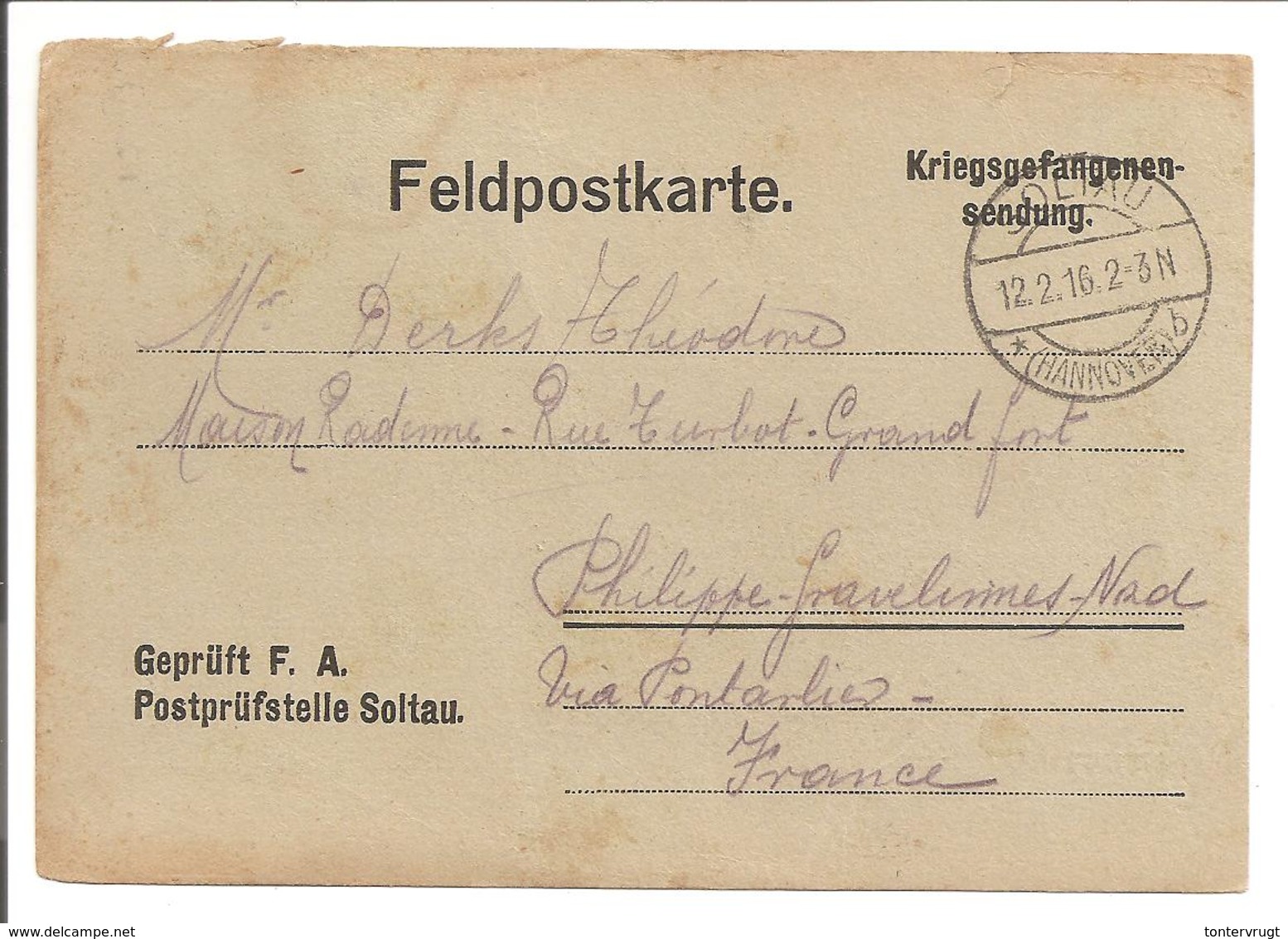 WO1 Kriegsgefangene.POW.Soltau>Gravelines France.Paket Empfangen - 1. Weltkrieg