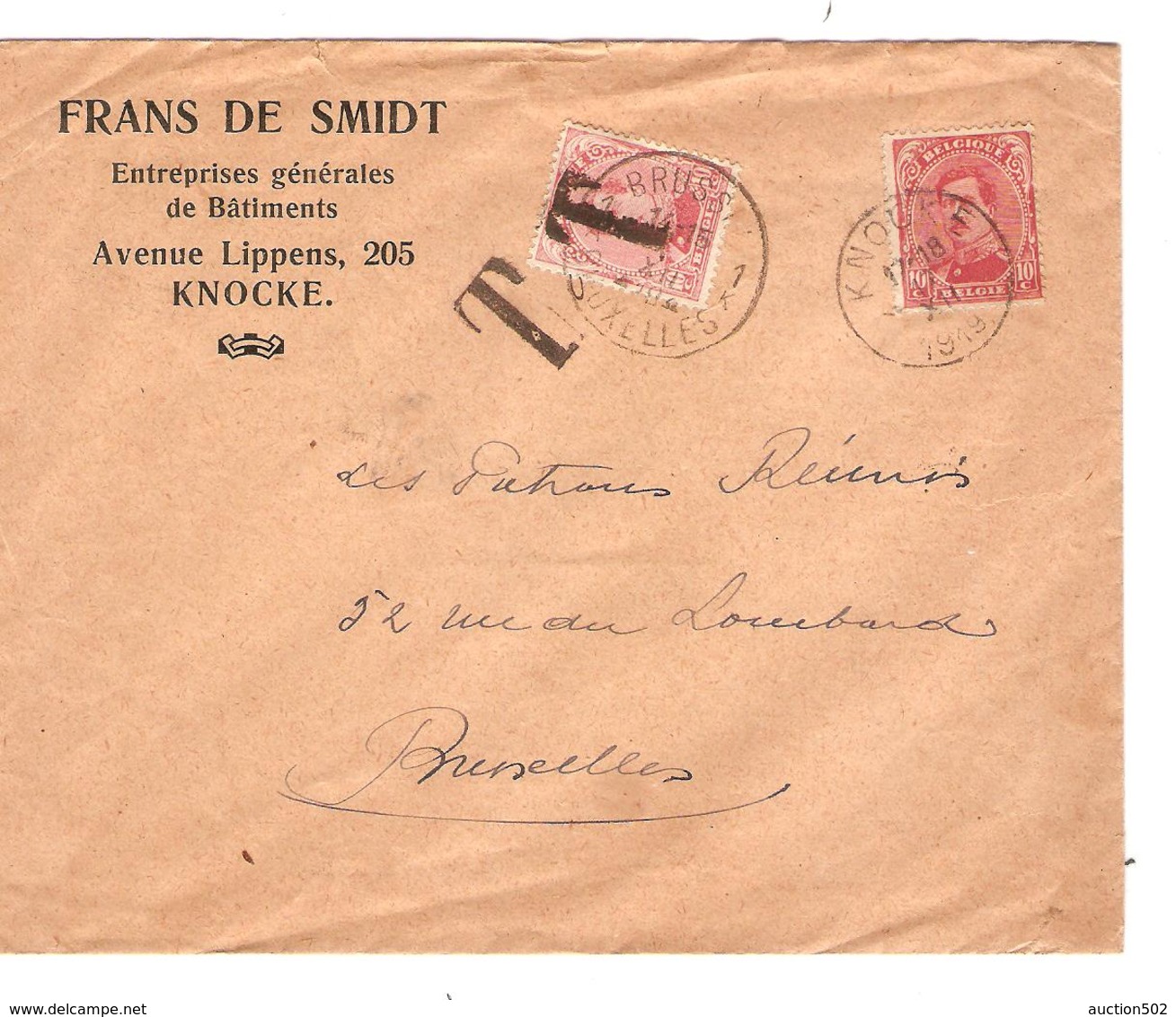 PR6023/ TP 138 S/L.Entête Frans De Smidt Entreprises Batiments C.Knocke 17/12/19 Griife T V.BXL Taxée 10c Par TP 138 - Covers & Documents