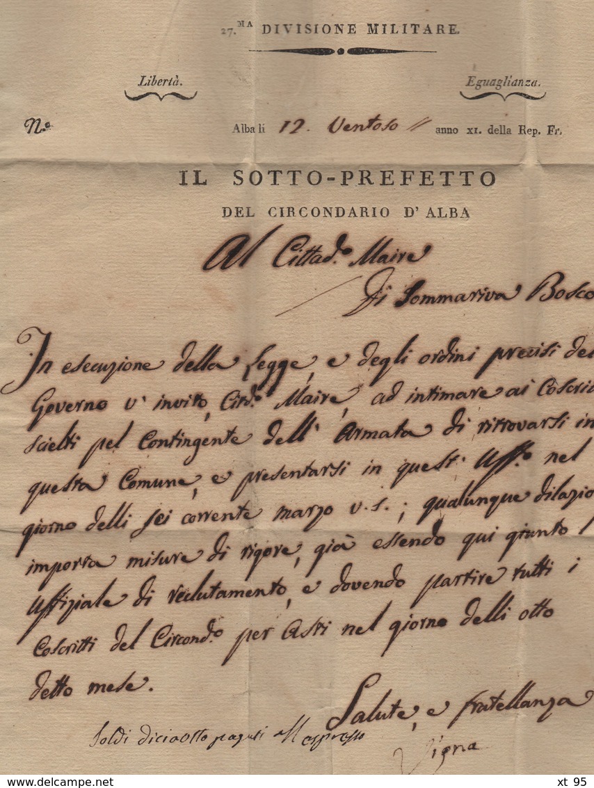 Sous Prefecture D'Albe Depart. Du Tanaro - 1803 - Franchise - Departement Conquis Du Tanaro - ...-1850 Préphilatélie