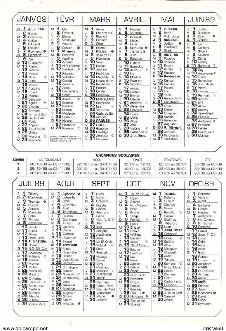 Calendrier Petit Format Année 1989 - LA POSTE - Illustration Du Musée Postal. Jamais Plié (2 SCANS). - Tamaño Pequeño : 1981-90