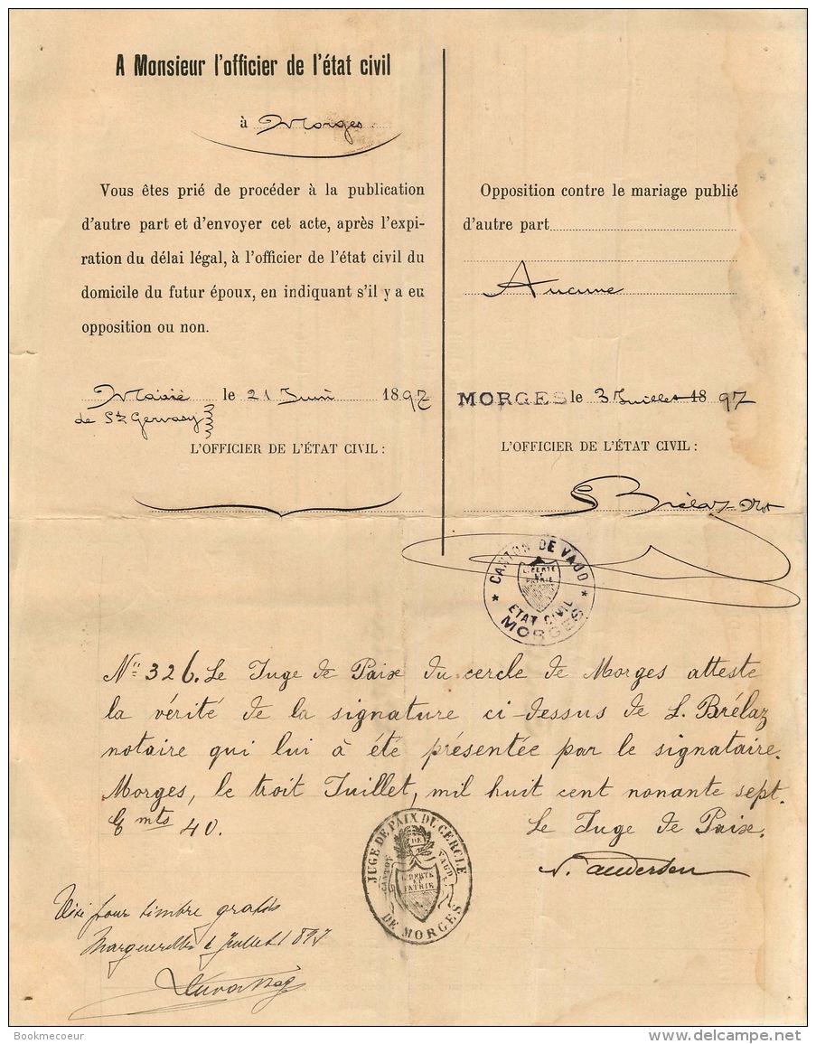 ACTE DE PROMESSE DE MARIAGE Canton De Vaud  MORGES 1897 Mr CENTLIVRES &amp; Mme DELAIGNE - Fiscaux
