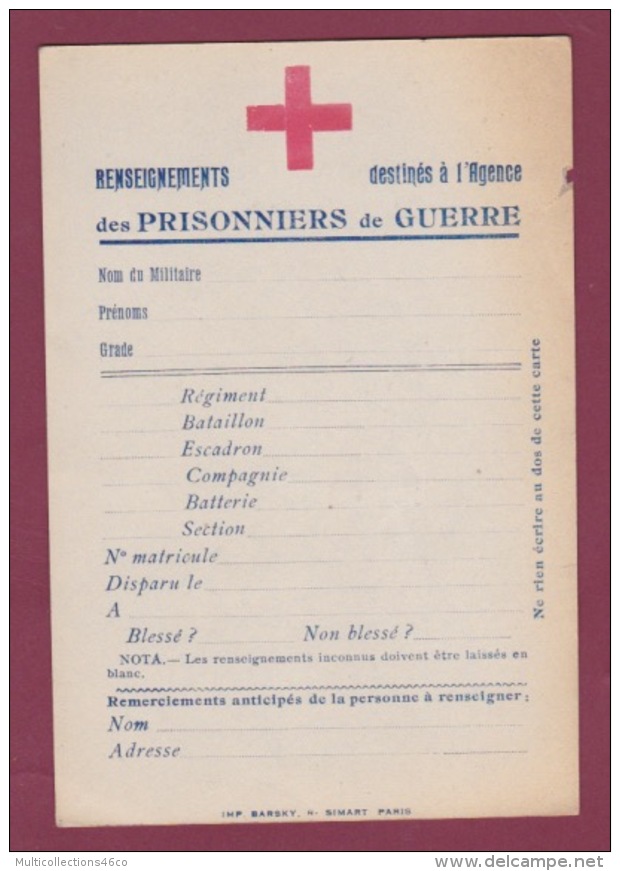 051018 GUERRE 14 18 FM - Croix Rouge Renseignements Destinés à L'Agence Des Prisonniers De Guerre - Lettres & Documents