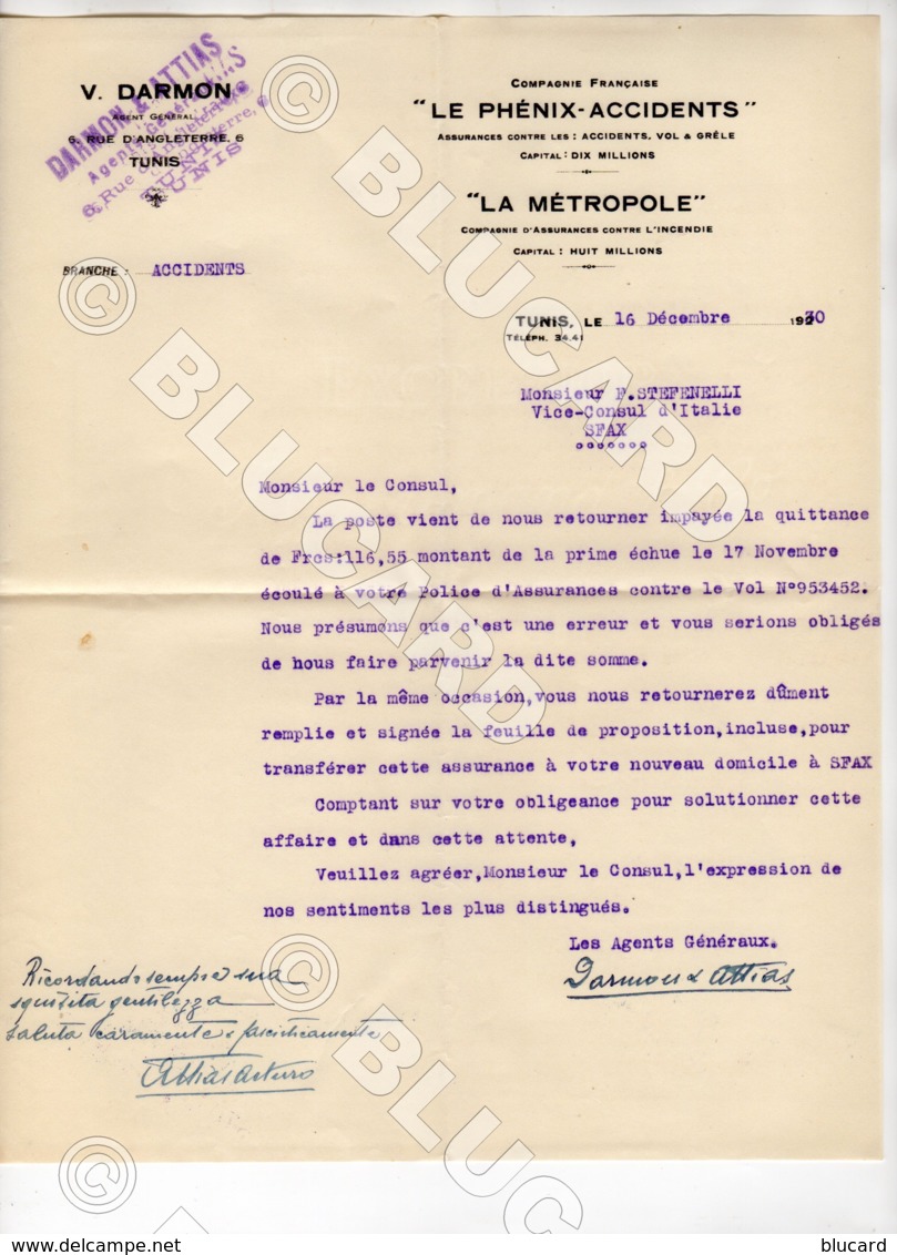 29782 TUNISIE 1930 TUNIS LETTRE ET FEUILLE PROPOSITION ASSURANCES DARMON ATTIAS PHENIX ACCIDENTS LA METROPOLE - Documenti Storici