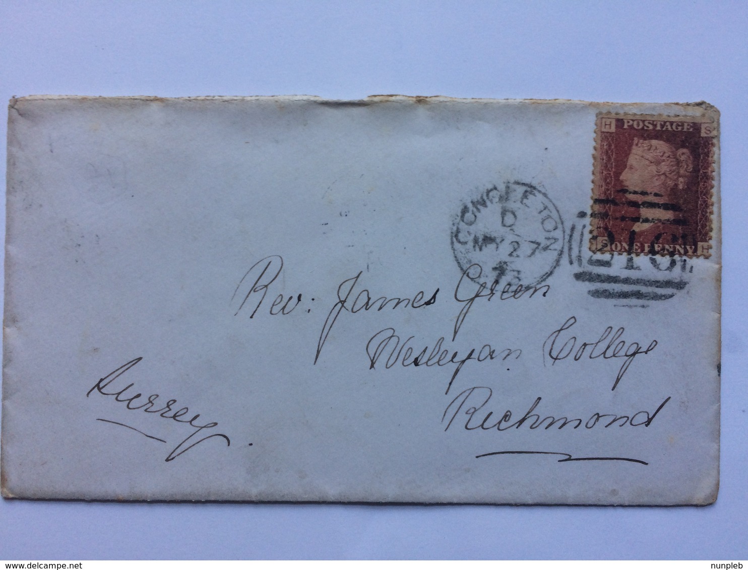 GB - Victoria 1873 Cover - Congleton Duplex To Wesleyan College Richmond Surrey Tied With 1d Red Plate 154 - Covers & Documents