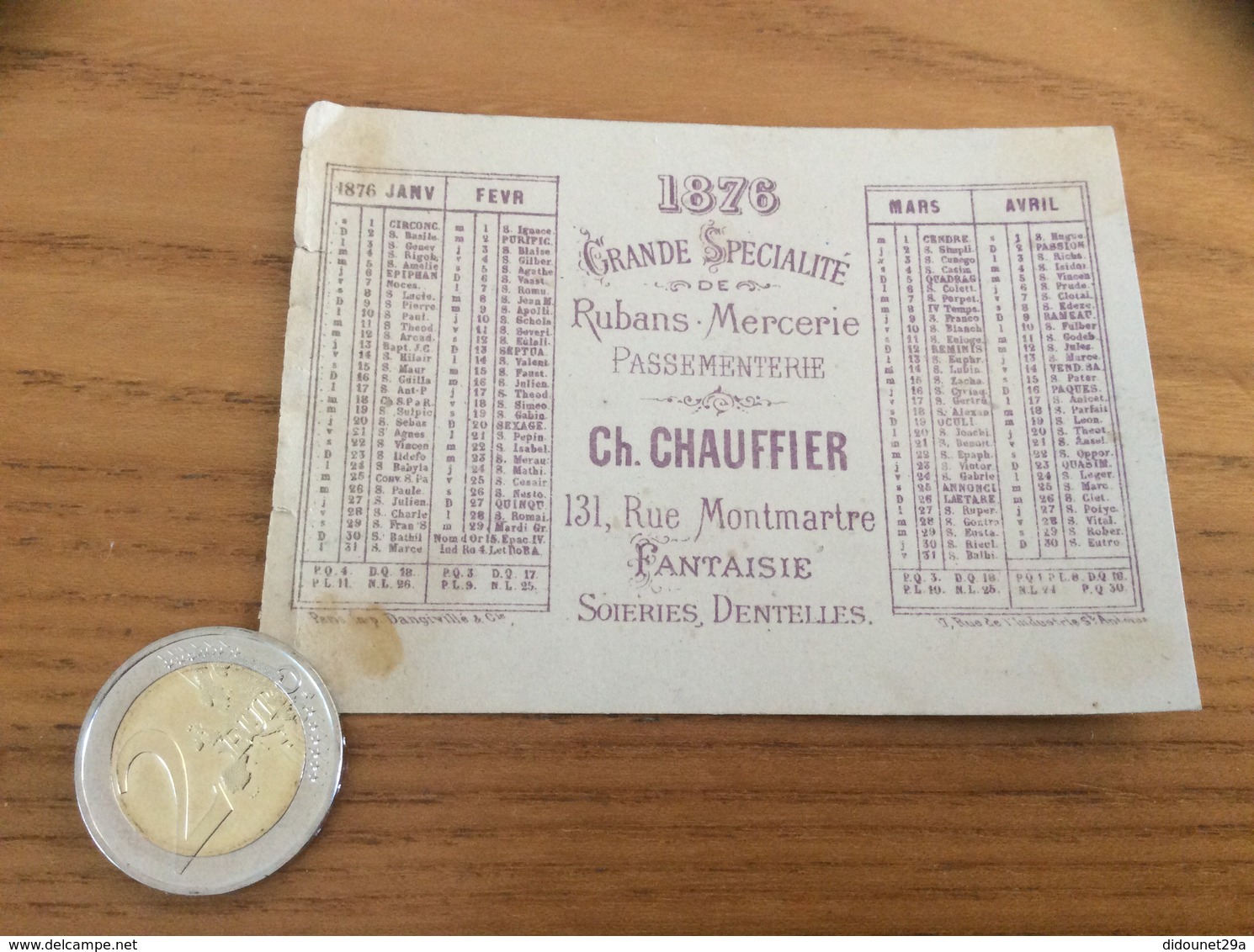 Chromo, Ancien Calendrier 1876 "Rubans Mercerie Ch. CHAUFFIER PARIS / REINE INDIGO" - Small : ...-1900