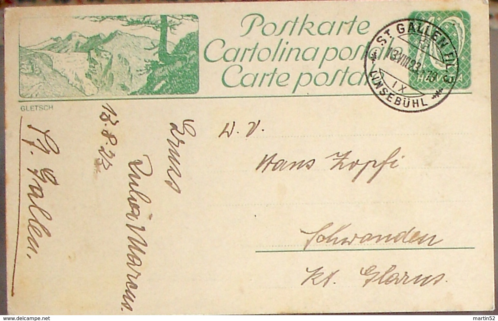 SCHWEIZ SUISSE 1923: Bild-Postkarte "GLETSCH" Mit Stempel ST.GALLEN 13.VIII.23 LINSEBÜHL Nach Schwanden (Glarus) - Protection De L'environnement & Climat