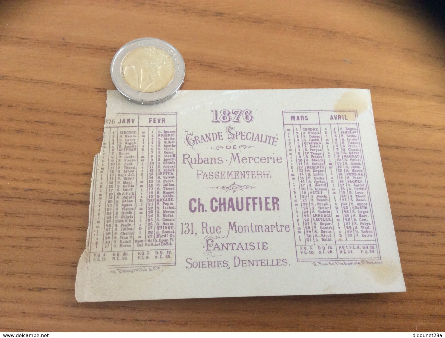 Chromo, Ancien Calendrier 1876 "Rubans Mercerie Ch. CHAUFFIER PARIS /  TURC" - Tamaño Pequeño : ...-1900