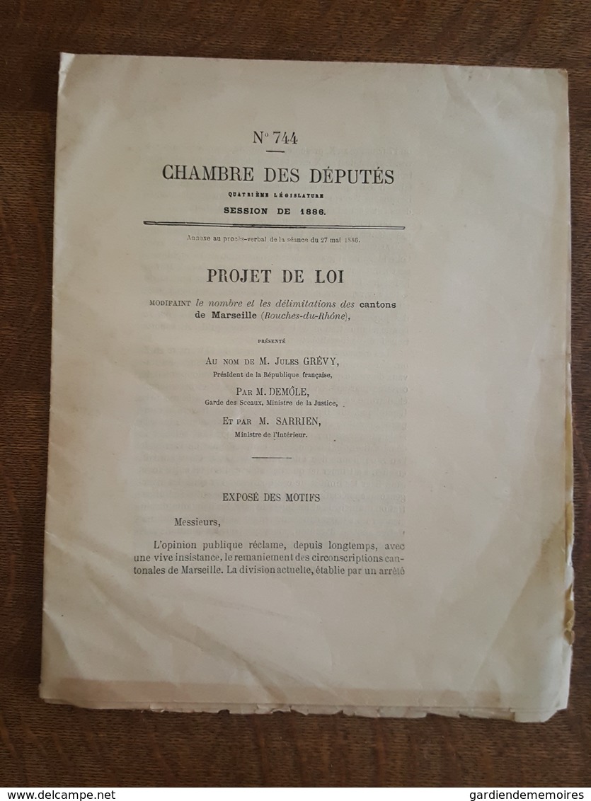 1886 - Projet De Loi Délimitations Des Cantons De Marseille, Allauch, Le Panier, La Castellane, Joliette, Chateau D'If.. - Decrees & Laws