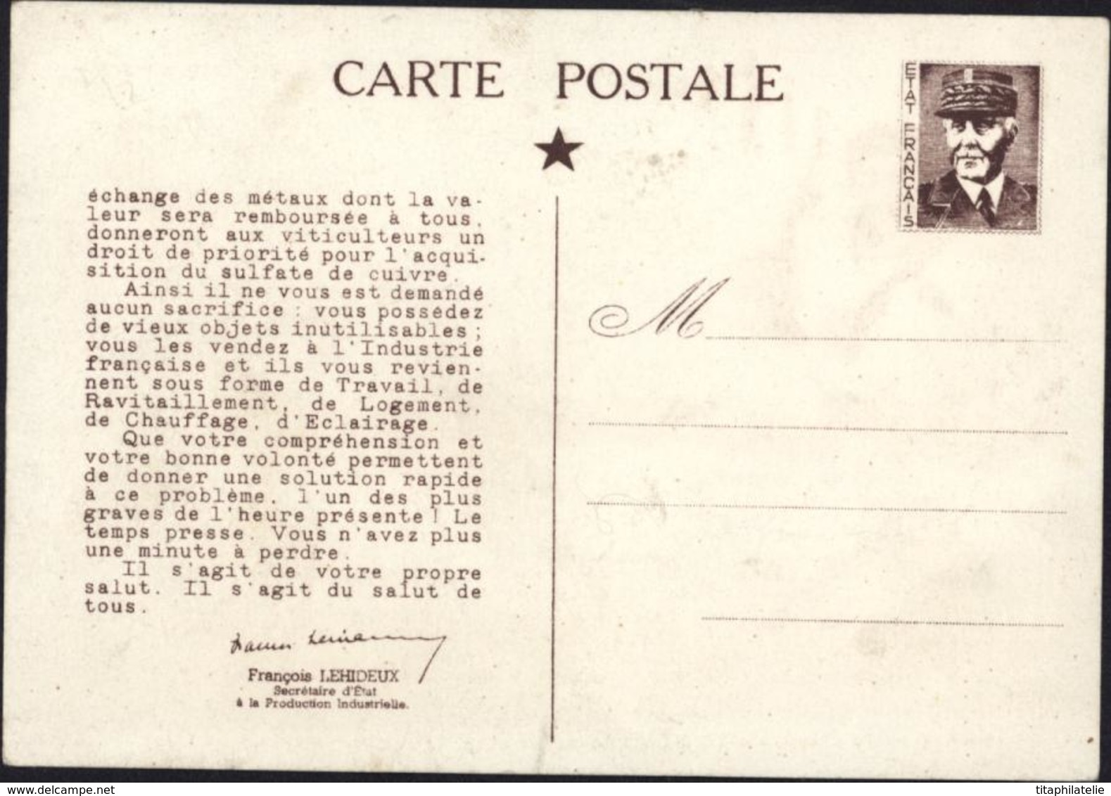 Pseudo Entier Carte Des Métaux Non Ferreux Petain Sans Valeur Sans Nom D'imprimerie Storch P396 Cote 25 Euros Guerre 39 - Cartes Postales Types Et TSC (avant 1995)