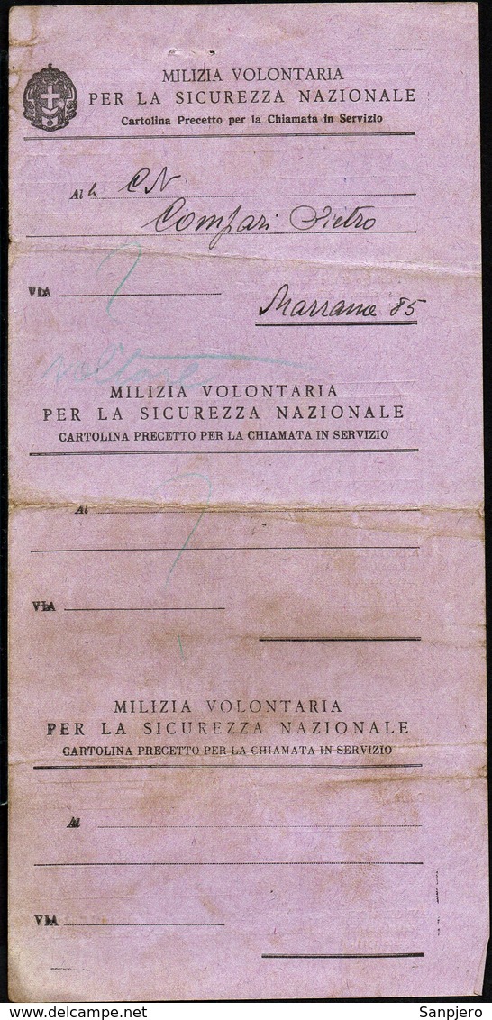 ITALY ITALIA DIGNANO D'ISTRIA 1939 MILIZIA VOLONTARIA PER LA SICUREZZA NAZIONALE CARTOLINA PRECETTO CHIAMATA IN SERVIZIO - Militaria