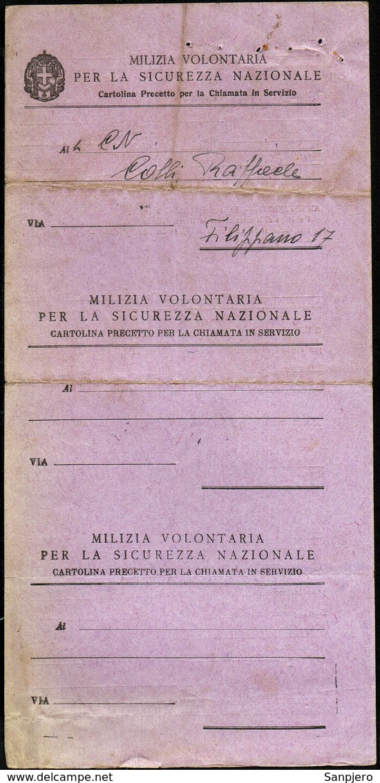 ITALY ITALIA DIGNANO D'ISTRIA 1939 MILIZIA VOLONTARIA PER LA SICUREZZA NAZIONALE CARTOLINA PRECETTO CHIAMATA IN SERVIZIO - Militaria