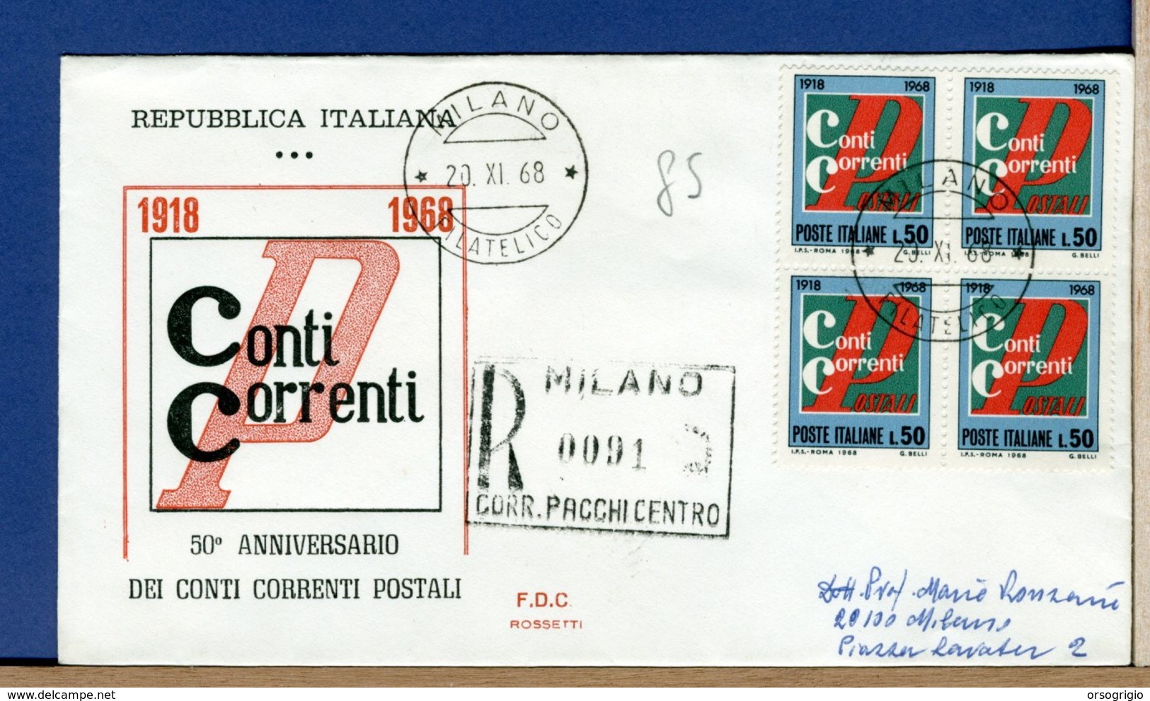 ITALIA - FDC  1968  - CONTI CORRENTI    -  QUARTINA  - - FDC