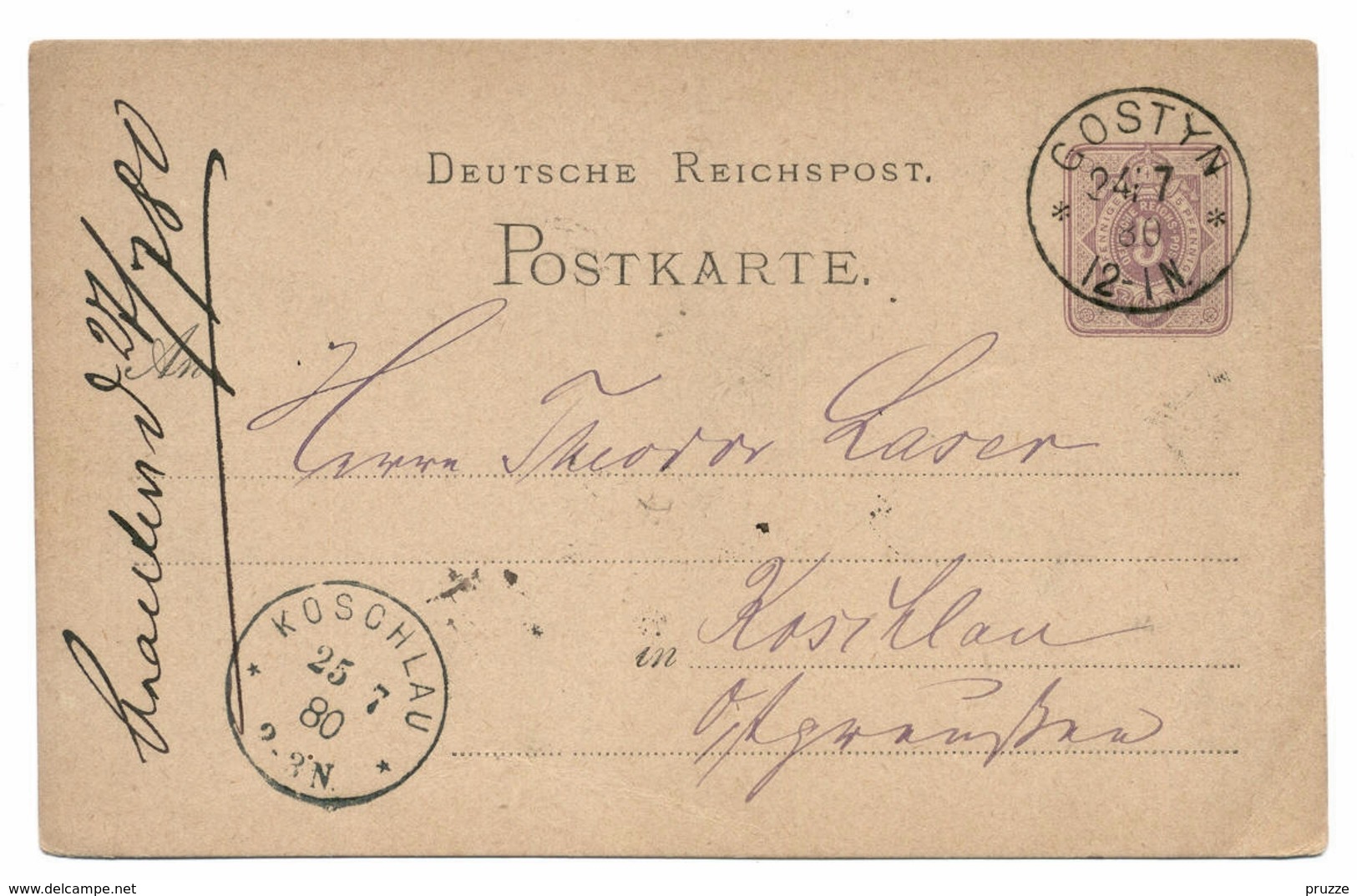 Ganzsache Deutsche Reichspost, Gostyn 1880 - Nach Koschlau / Ostpreussen - Cartes Postales