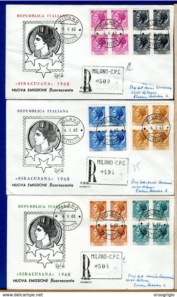 ITALIA - FDC  1968  -  SIRACUSANA  Nuova Emissione Fluorescente - Raccomandate Con Timbri Arrivo  -  QUARTINA - FDC