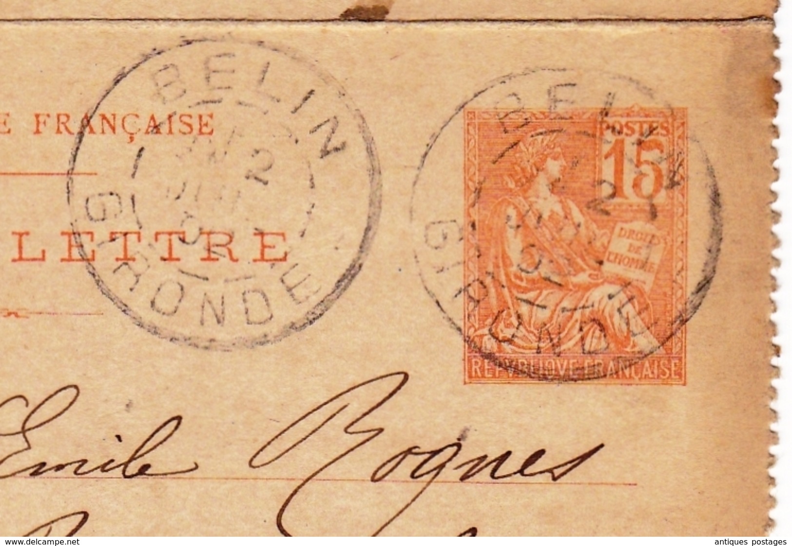 Entier Postal 1902 Belin Béliet Gironde Bordeaux Mouchon Cachet Convoyeur Hostens à Facture - Cartes Postales Types Et TSC (avant 1995)