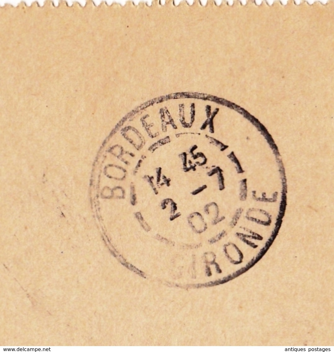 Entier Postal 1902 Belin Béliet Gironde Bordeaux Mouchon Cachet Convoyeur Hostens à Facture - Cartes Postales Types Et TSC (avant 1995)