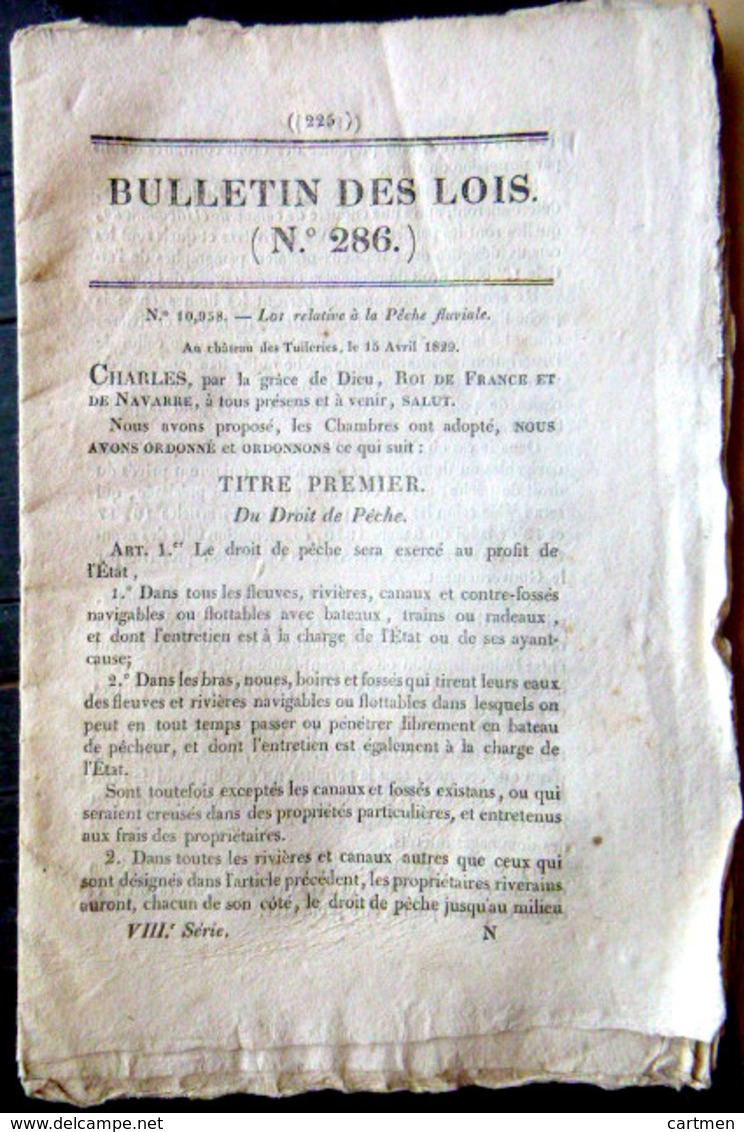 PECHE FLUVIALE REGLEMENTATION DE LA PECHE POUR LES RIVERAINS 1829 - Décrets & Lois