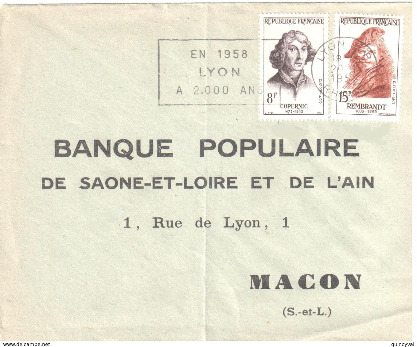 LYON RP Lettre Ob Meca Secap 1958 Dreyfus LYO198 8 F Copernic 15 F Rembrandt Yv 1132 1135 - Covers & Documents