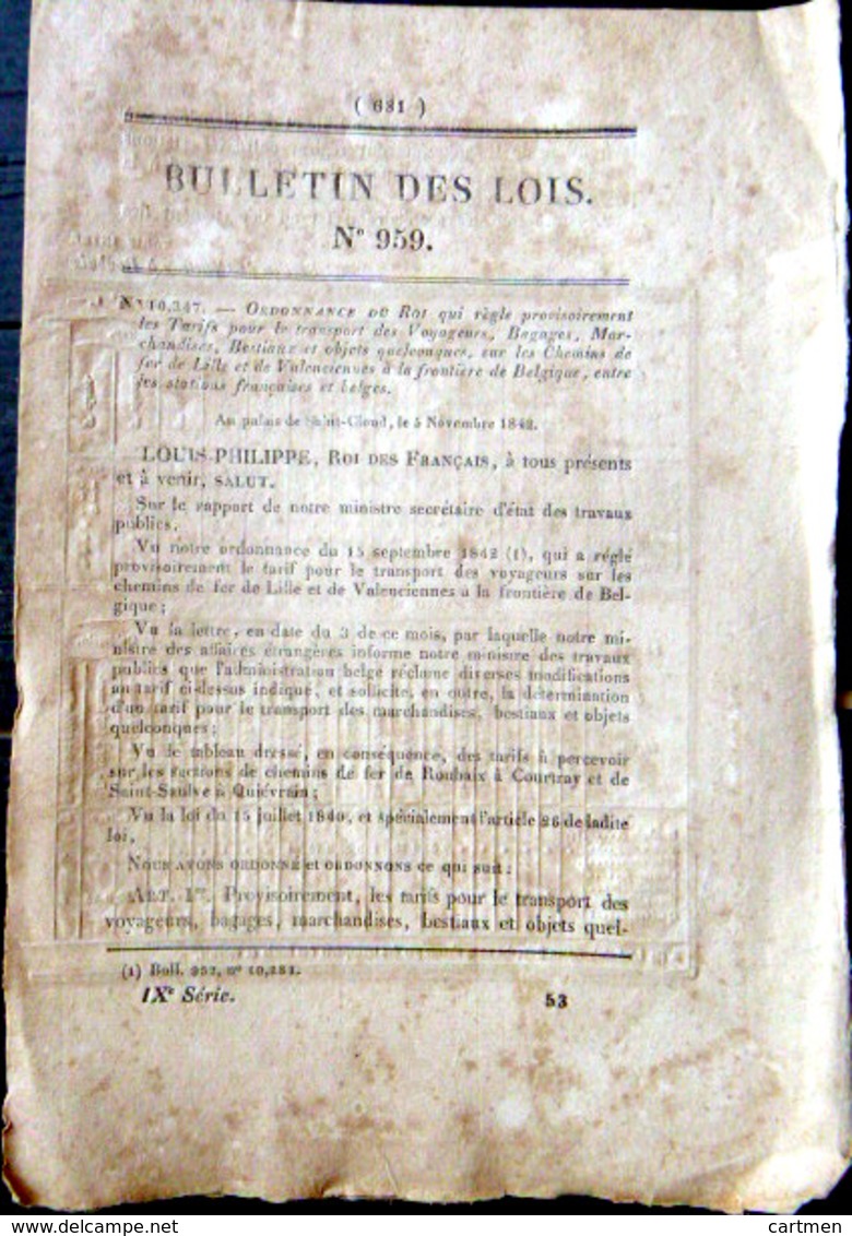 CHEMIN DE FER TRAIN RESEAU DU NORD 1842 TARIFS SUR LES CHEMINS DE FER DE LILLE  ET LA BELGIQUE - Décrets & Lois