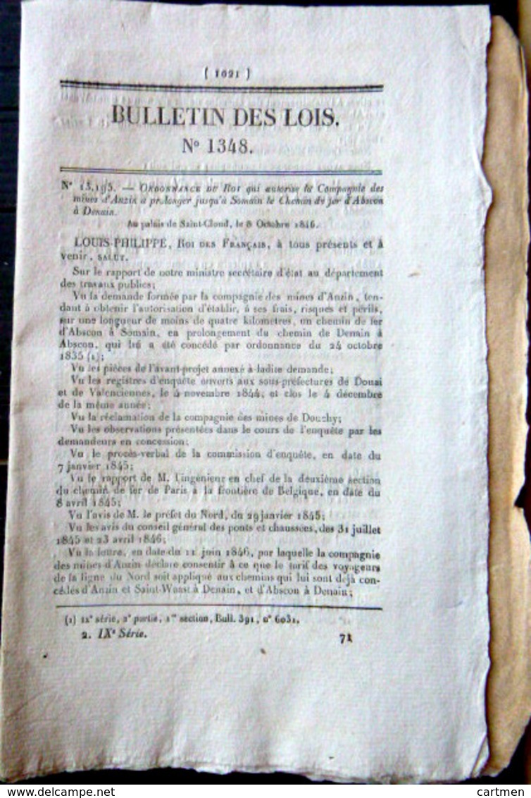 59 ANZIN CHEMIN DE FER TRAIN COMPAGNIE MINIERE  1846 PROLONGEMENT JUSQU'A SOMAIN DES LIGNES - Décrets & Lois