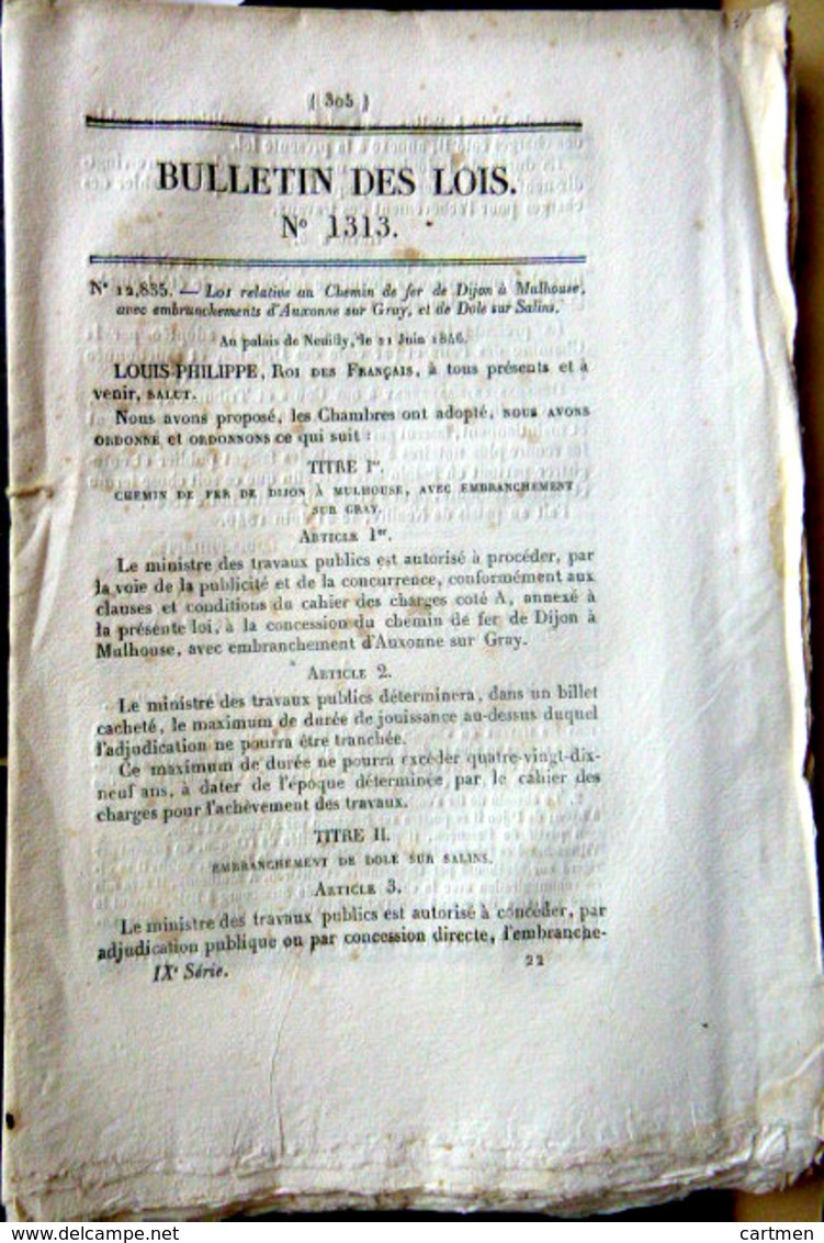 21 DIJON 68 MULHOUSE CHEMIN DE FER TRAIN CREATION DE LIGNES ET EMBRANCHEMENTS 1846 - Décrets & Lois