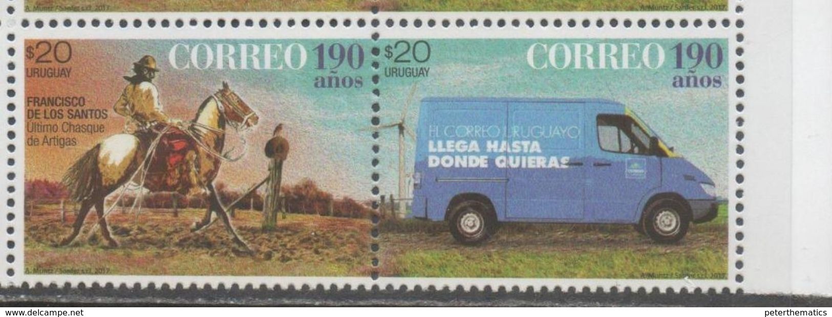 URUGUAY, 2017, 190TH ANNIVERSARY OF URUGUYAN POST, HORSES, VANS, VEHICLES, 2v - Correo Postal