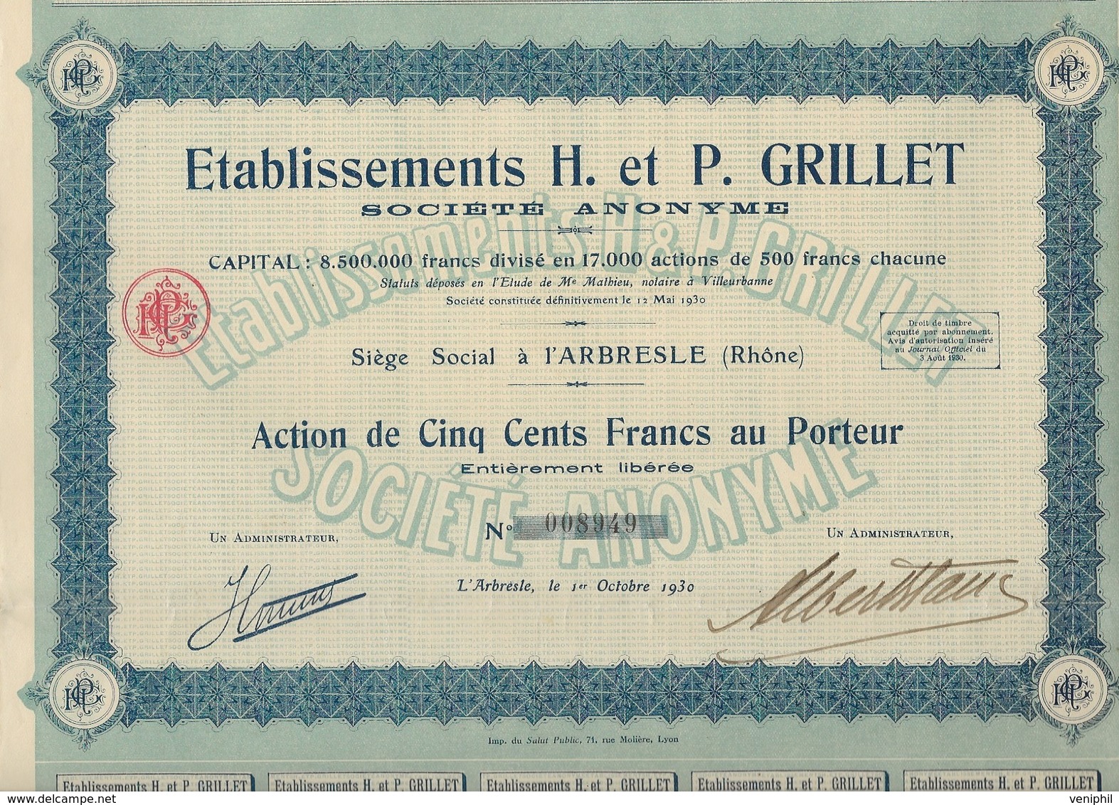 LOT DE 4 ACTIONS DE 500 FRS -ETABLISSEMENT H . ET P.GRILLET (PEPINIERES) L'ARBRESLE -RHONE -1930 - Landbouw