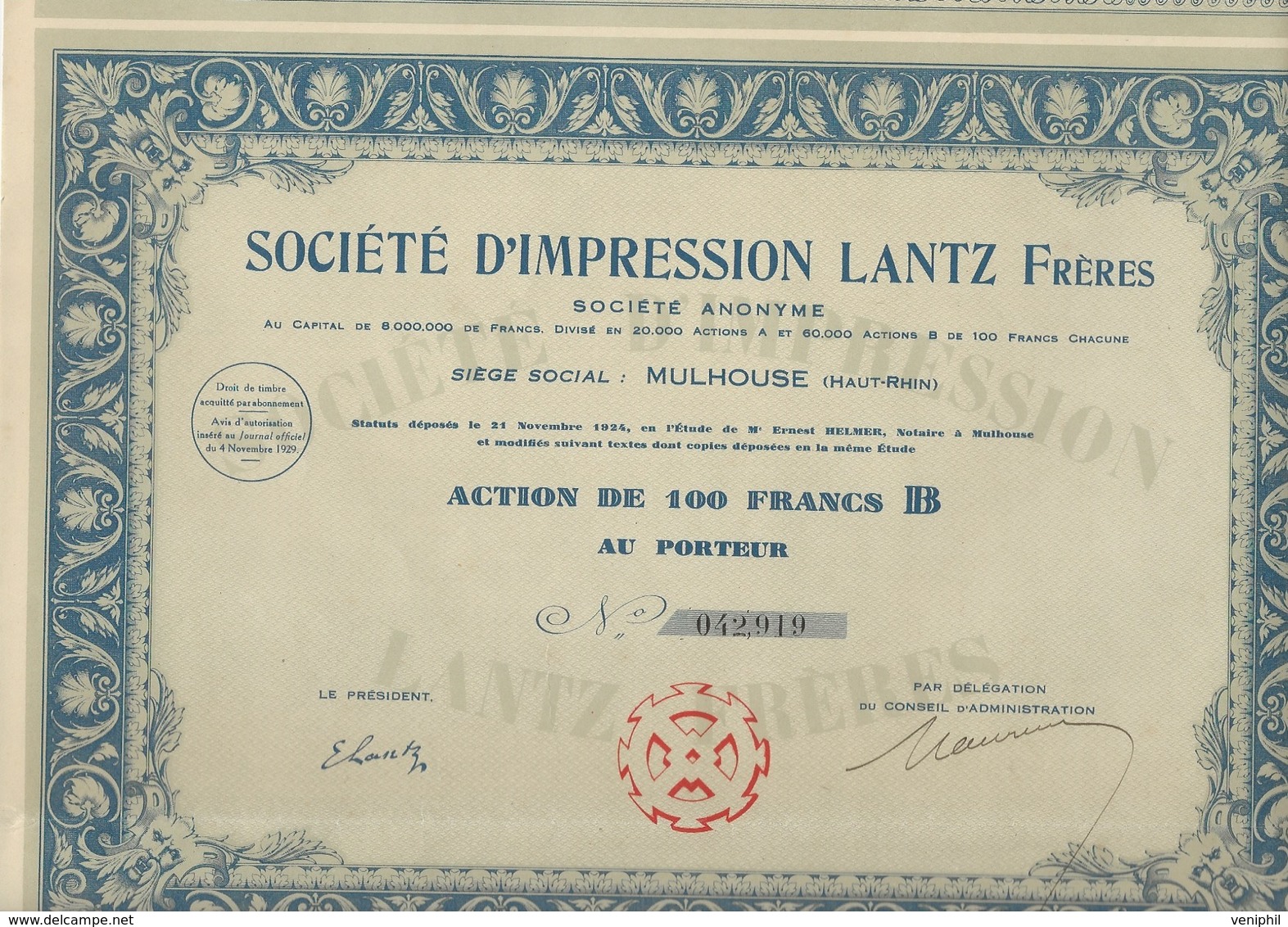 LOT DE 2 ACTIONS DE 100 FRS - SOCIETE D'IMPRESSION LANTZ FRERES -MULHOUSE - 1924 - Textiles