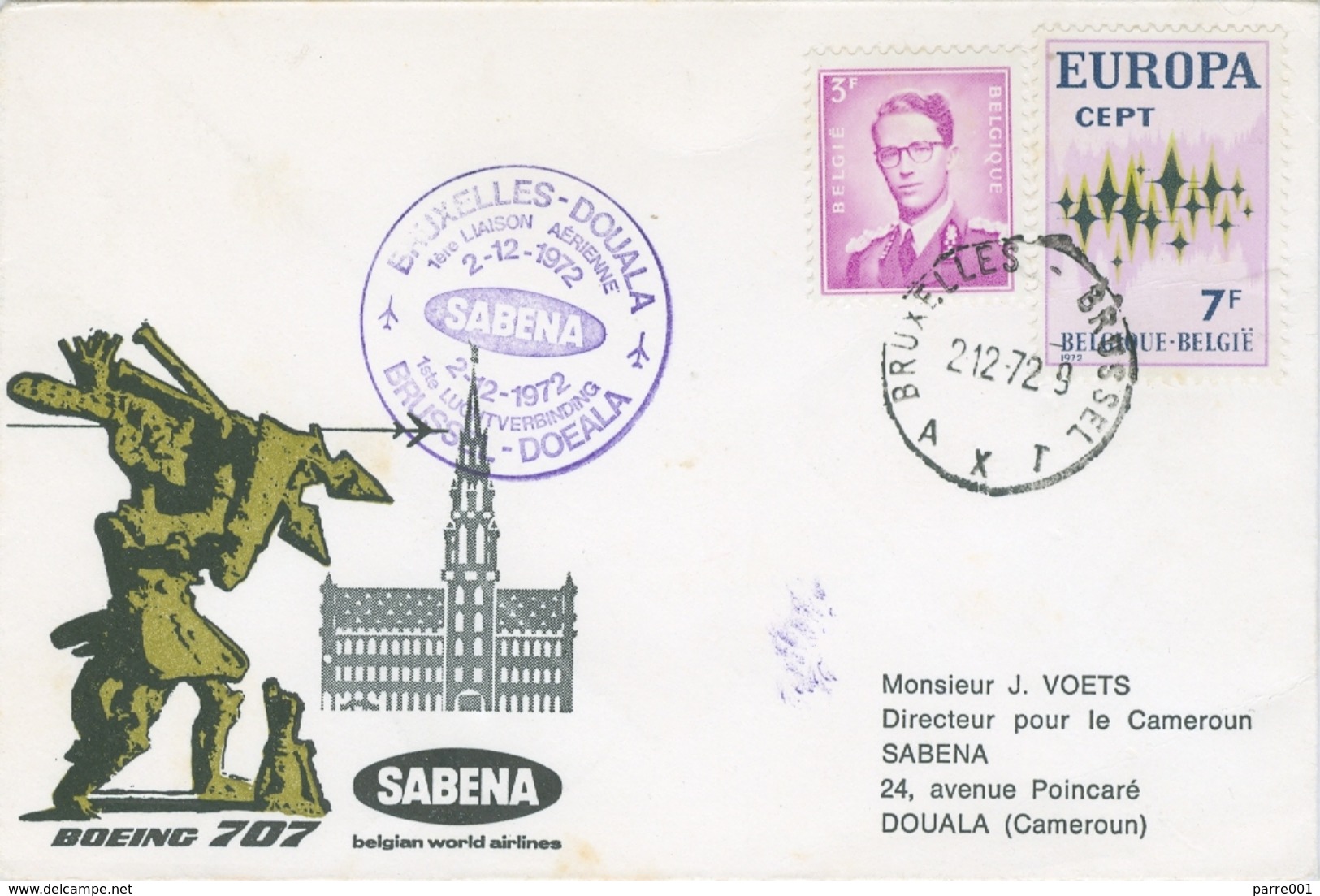 Cameroun Cameroon 1972 Brussels Sabena FFC First Flight Douala Boeing 707 Cover - Kameroen (1960-...)