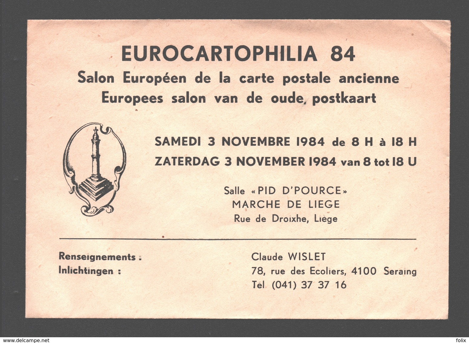 Cartophilie - Envelop/ Enveloppe Publicitaire - Eurocartophilia 84 - Liège - Salon Européen De La Carte Postale Ancienne - Bourses & Salons De Collections