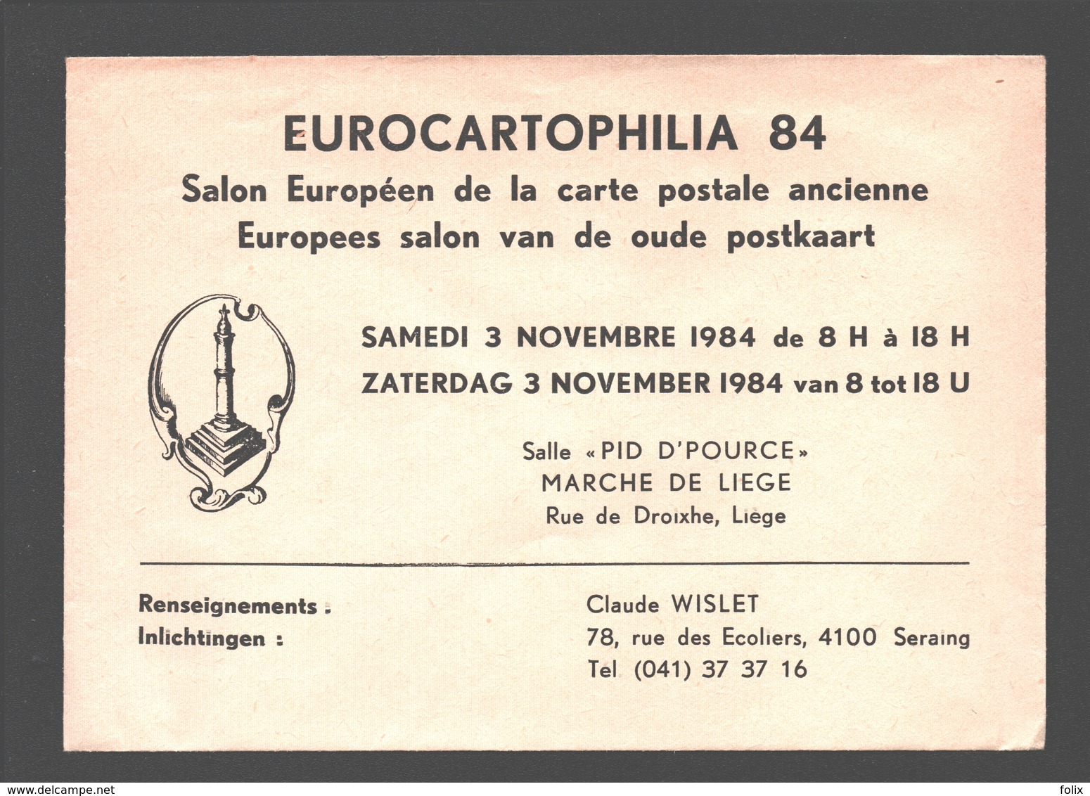 Cartophilie - Envelop/ Enveloppe Publicitaire - Eurocartophilia 84 - Liège - Salon Européen De La Carte Postale Ancienne - Bourses & Salons De Collections