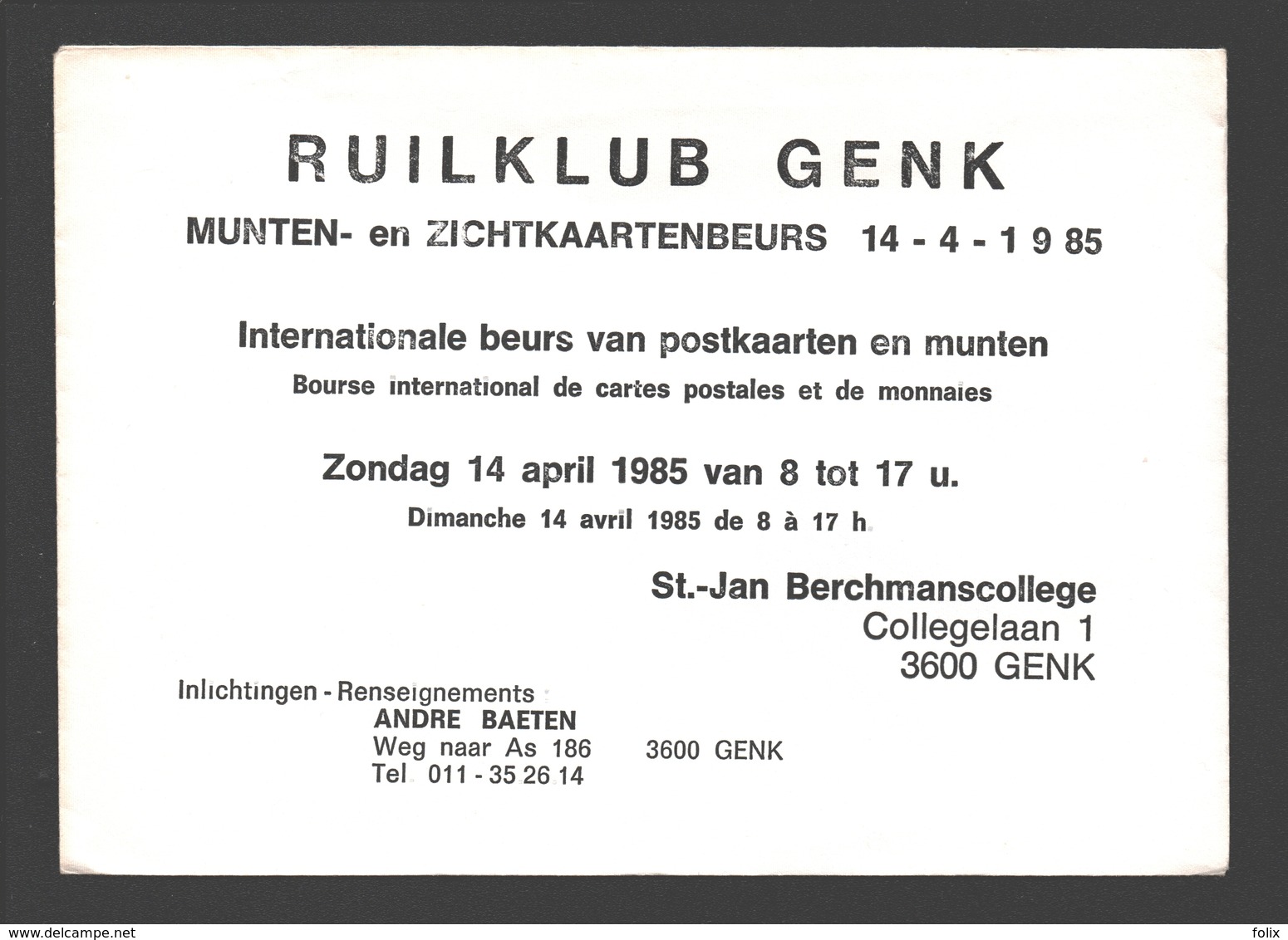 Cartophilie - Envelop / Enveloppe Ruilklub Genk - Munten- En Zichtkaartenbeurs 1985 St.-Jan Berchmanscollege - Bourses & Salons De Collections