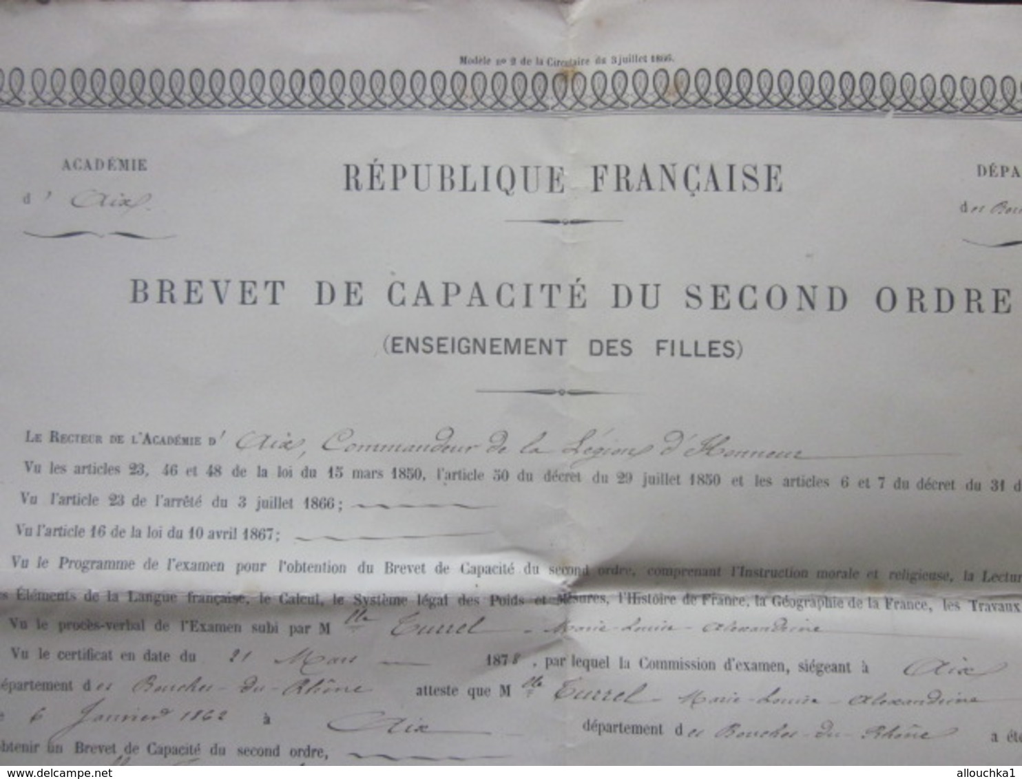 1878 Brevet De Capacité Second Degré Enseignement Des Filles Académie D'Aix Diplôme & Bulletin Scolaire Turrel Marie Lou - Diplômes & Bulletins Scolaires