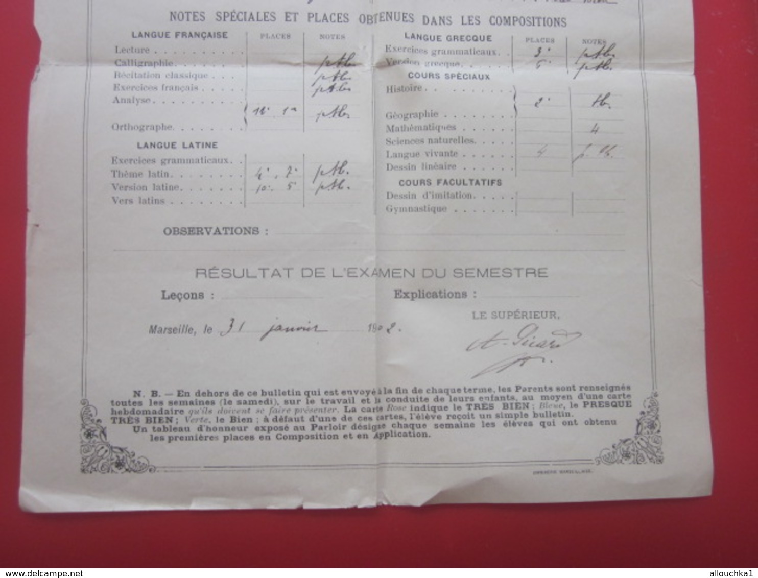 1902 PENSIONNAT DU SACRE CŒUR R. BARTHÉLEMY MARSEILLE Bulletin Scolaire Trimestriel Notes Générales Paul Chabert - Diplômes & Bulletins Scolaires