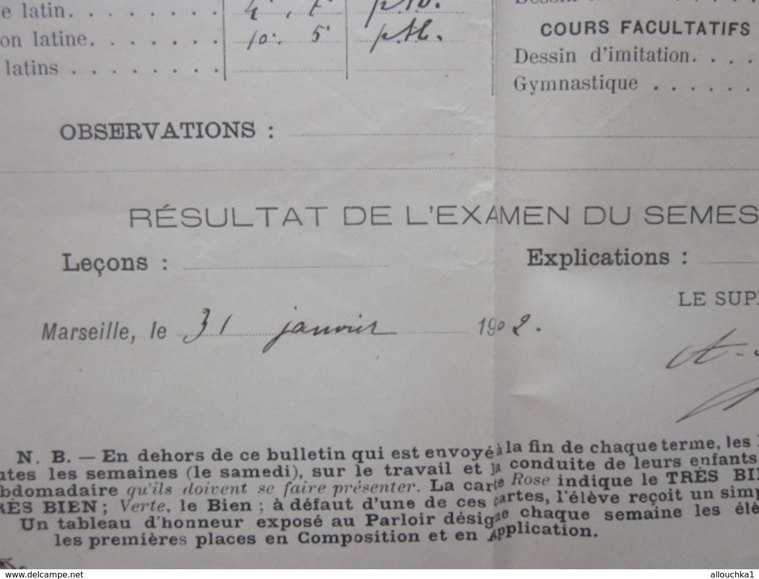 1902 PENSIONNAT DU SACRE CŒUR R. BARTHÉLEMY MARSEILLE Bulletin Scolaire Trimestriel Notes Générales Paul Chabert - Diplômes & Bulletins Scolaires