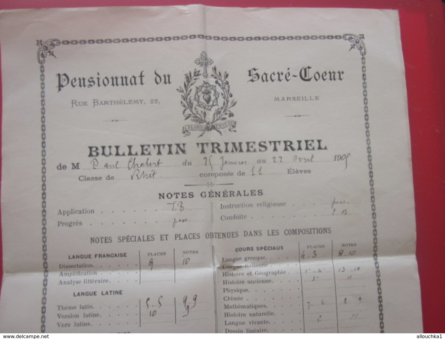 1904 PENSIONNAT DU SACRE CŒUR R. BARTHÉLEMY MARSEILLE Bulletin Scolaire Trimestriel Notes Générales Paul Chabert - Diplômes & Bulletins Scolaires