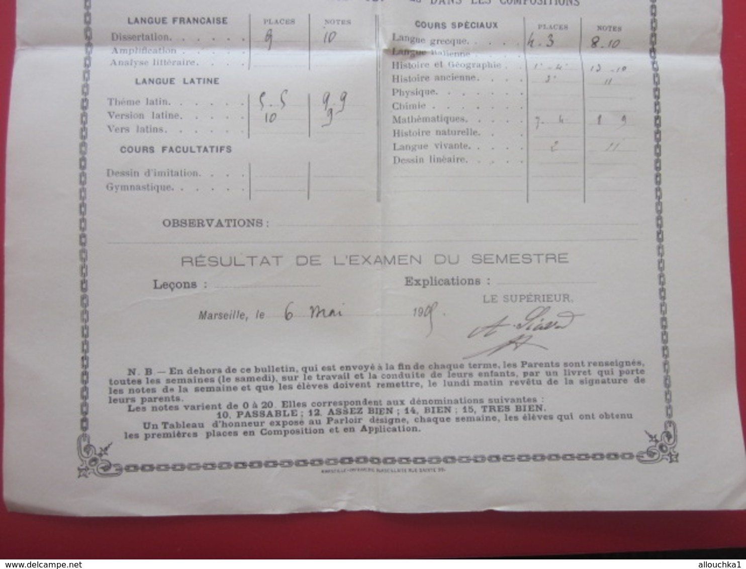 1904 PENSIONNAT DU SACRE CŒUR R. BARTHÉLEMY MARSEILLE Bulletin Scolaire Trimestriel Notes Générales Paul Chabert - Diplômes & Bulletins Scolaires