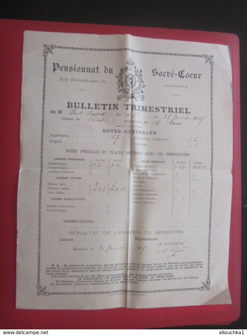 1905 PENSIONNAT DU SACRE CŒUR R. BARTHÉLEMY MARSEILLE Bulletin Scolaire Trimestriel Notes Générales Paul Chabert - Diplômes & Bulletins Scolaires