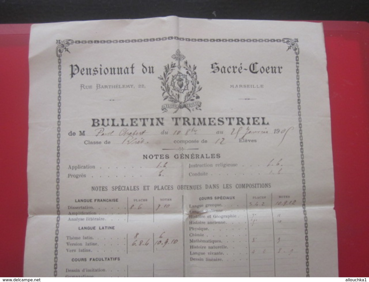 1905 PENSIONNAT DU SACRE CŒUR R. BARTHÉLEMY MARSEILLE Bulletin Scolaire Trimestriel Notes Générales Paul Chabert - Diplômes & Bulletins Scolaires