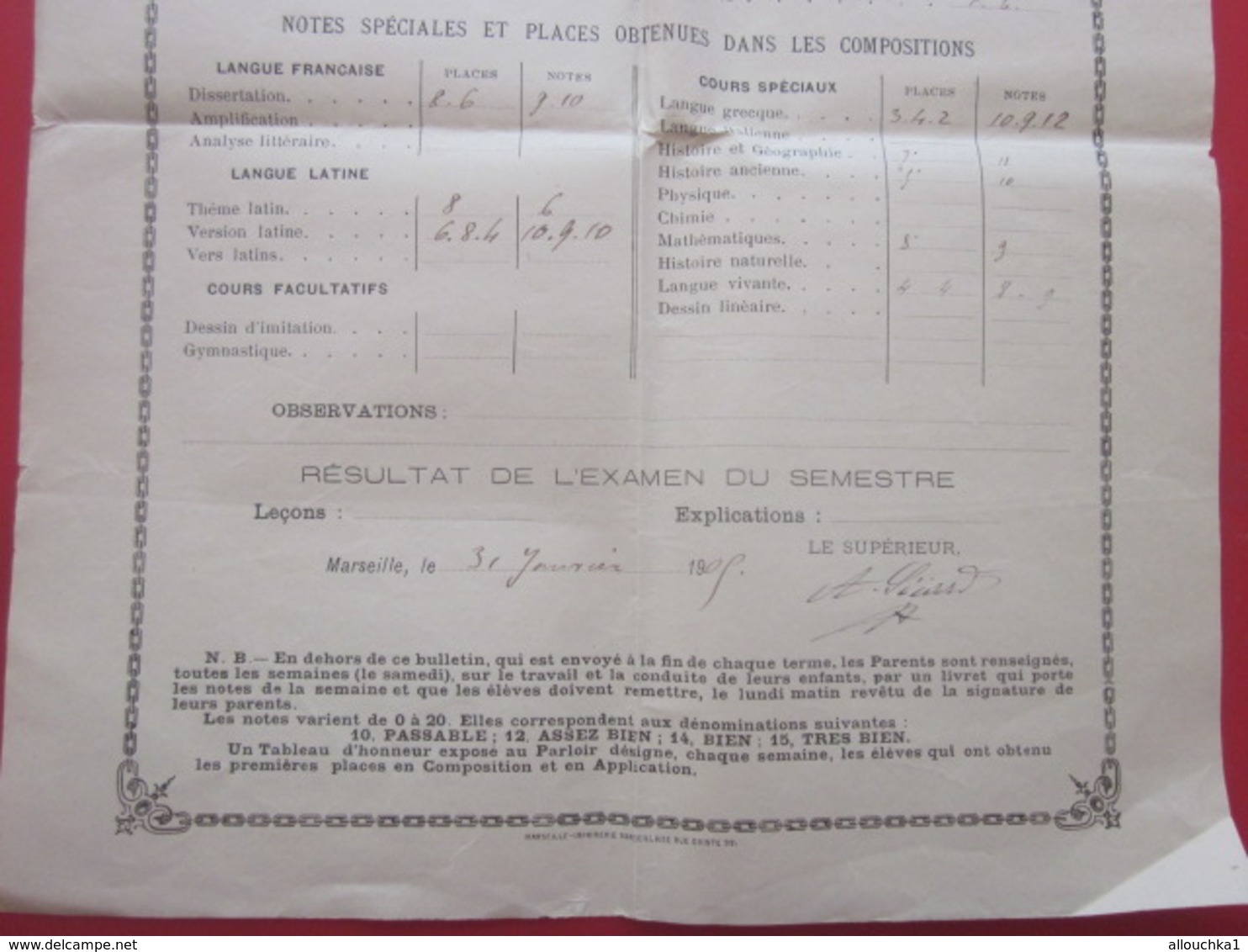 1905 PENSIONNAT DU SACRE CŒUR R. BARTHÉLEMY MARSEILLE Bulletin Scolaire Trimestriel Notes Générales Paul Chabert - Diplômes & Bulletins Scolaires