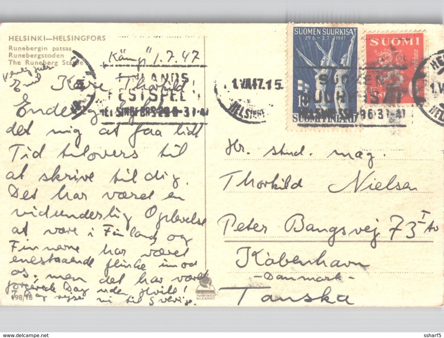 HELSINKI 1947 With Suomen Suurkisa Franking Sent To Denmark - Finnland