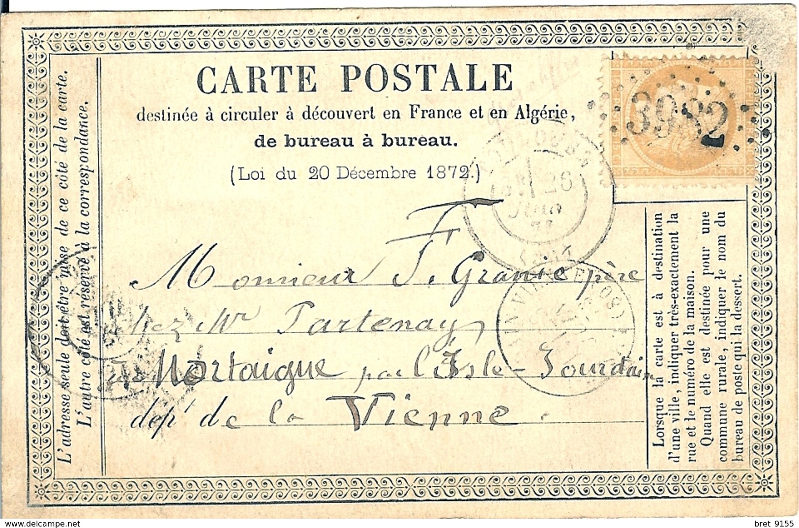 86 ISLE JOURDAIN  MORTAIGUE CARTE POSTALE CIRCULE FRANCE ET ALGERIE BUREAU A BUREAU DE 1873 CACHET SUR TIMBRE 15 C 3982 - L'Isle Jourdain