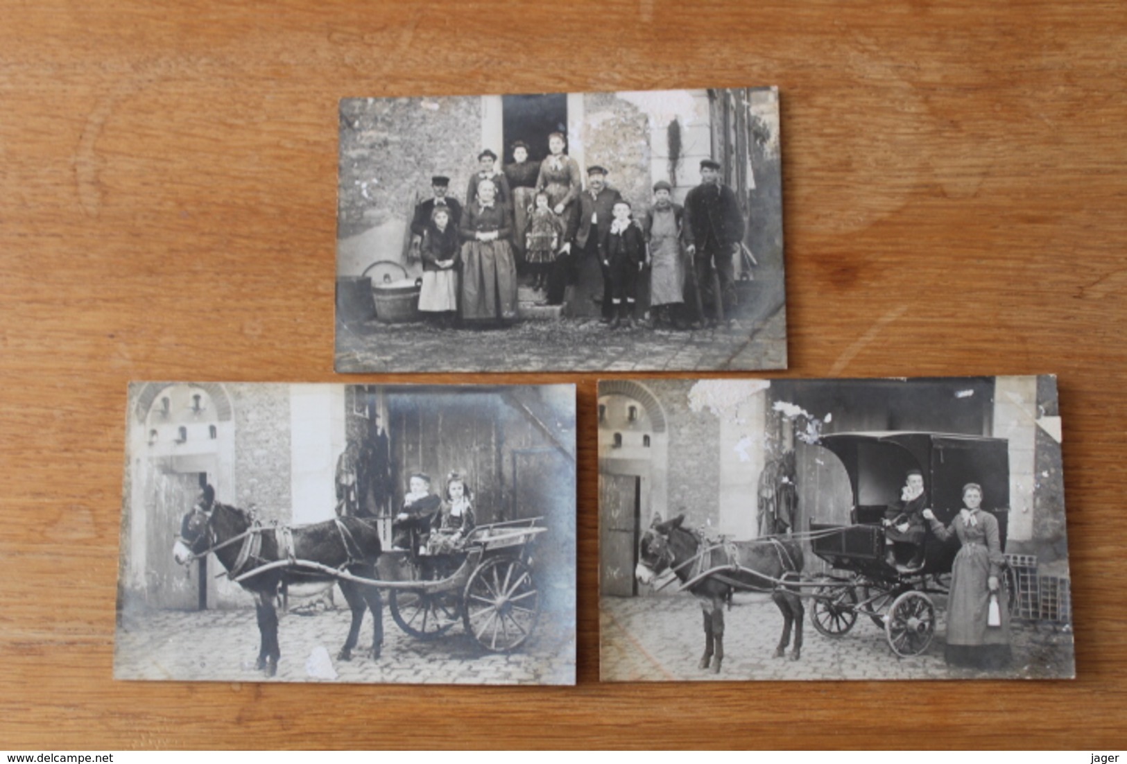 3 Cartes Photos  Les Caleches Hippomobiles  1906  Avec Un Ane - Anciennes (Av. 1900)