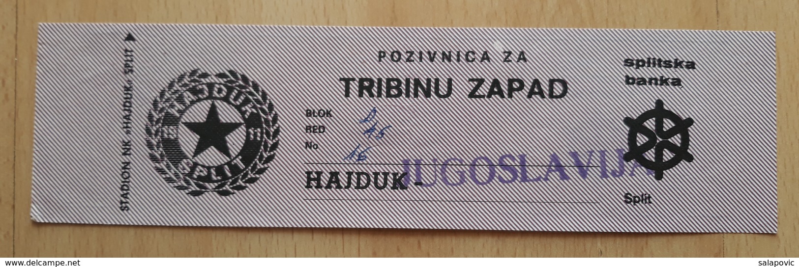 HAJDUK SPLIT : JUGOSLAVIJA,  ULAZNICA,  MATCH TICKETS, RRARE - Match Tickets