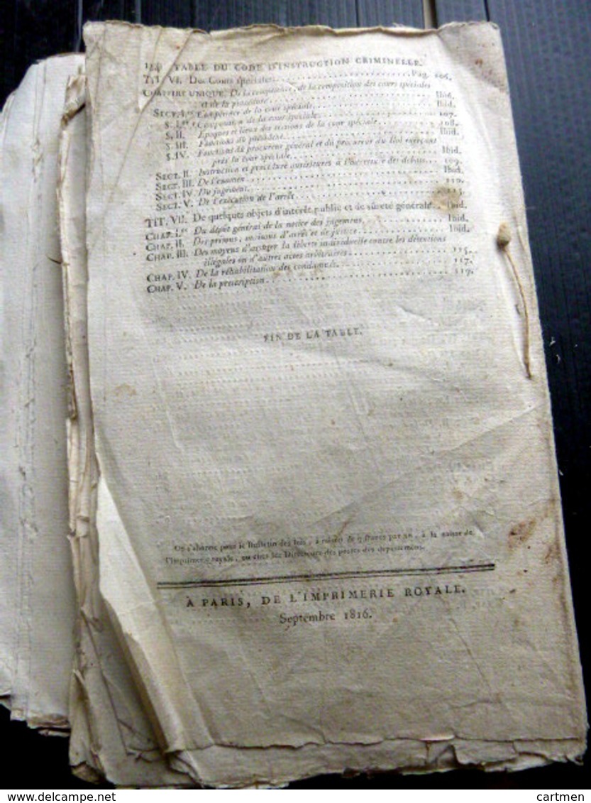 DROIT CODE CRIMINEL NOUVELLE EDITION DU CODE CRIMINEL DE 1816 ANNULANT LE CODE NAPOLEON DE 1804 - Décrets & Lois